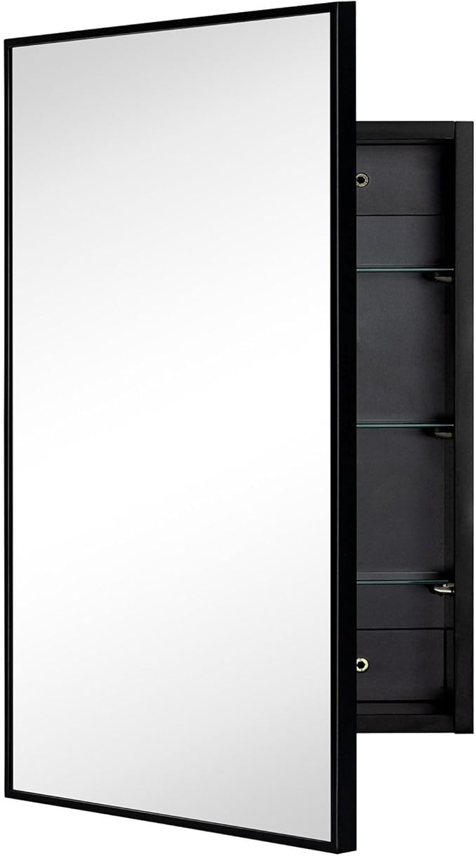 TEHOME 17.5'' x 29'' Black Recessed and Surface Mount Bathroom Medicine Cabinet with Mirror Matt Black Square Cornered Metal Framed Rounded Rectangle Medicine Cabinet Mirror