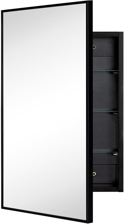 TEHOME 17.5'' x 29'' Black Recessed and Surface Mount Bathroom Medicine Cabinet with Mirror Matt Black Square Cornered Metal Framed Rounded Rectangle Medicine Cabinet Mirror