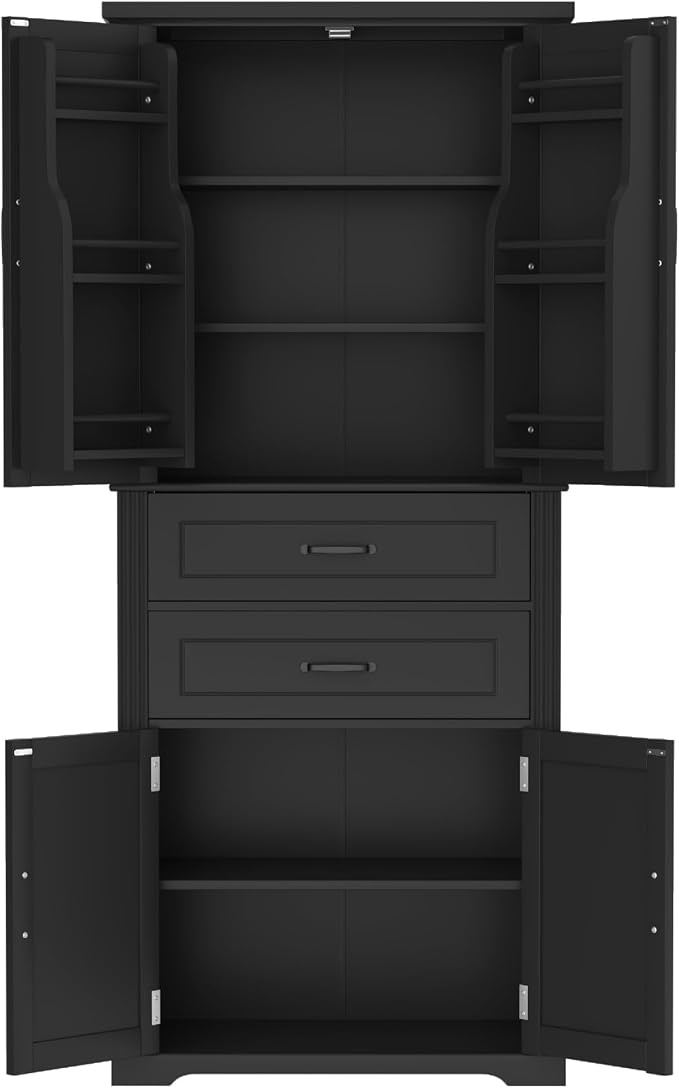 Storage Cabinet,Tall Freestanding Cabinet with Adjustable Shelf | Tall storage cabinet, 4-door design, 5+ shelves, upper door shelves, and 2 pull-out compartments for organized storage