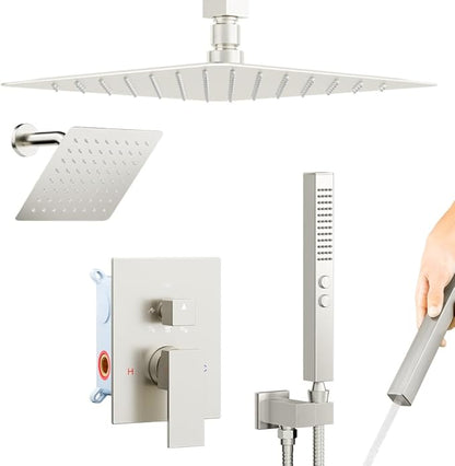 Shower Faucet Set Brushed Nickel Shower System,Bostingner Five Function Diverter Dual Head Shower Set,12'' Ceiling Mount and 6’‘ Wall Mount Rainfall Shower System with 2 in 1 Handheld Spray