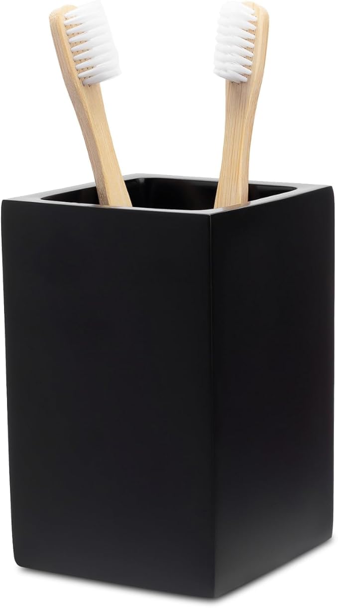 Yew Design Matte Black Toothbrush and Toothpaste Holder for Bathroom Vanity and Countertop, Square Organizer for Electric Toothbrushes, Floss, Razors, Cotton, and Mouthwash