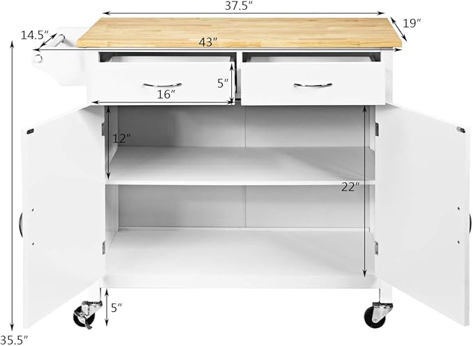 NAFORT Rolling Kitchen Island Cart on Wheels, Utility Trolley Cart Bar Serving Cart w/Rubber Wood Top, Handle Rack, Storage Cabinet and Drawers for Home Kitchen Dining Room, White
