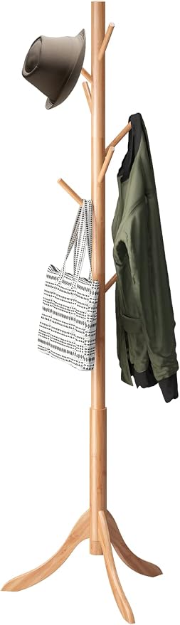 kiplant Coat Rack Freestanding, Bamboo Wood Coat Stand with 8 Hooks,3 Adjustable Size,Easy Assembly NO Tools Required, Coat Tree Hanger Stand for CoatsScarves in Hallway