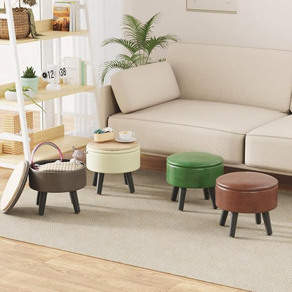 Small Foot Stool Ottoman with Storage, Faux Leather Ottoman Foot Rest for Couch, Round Footstool Ottomans for Living Room (Gray)