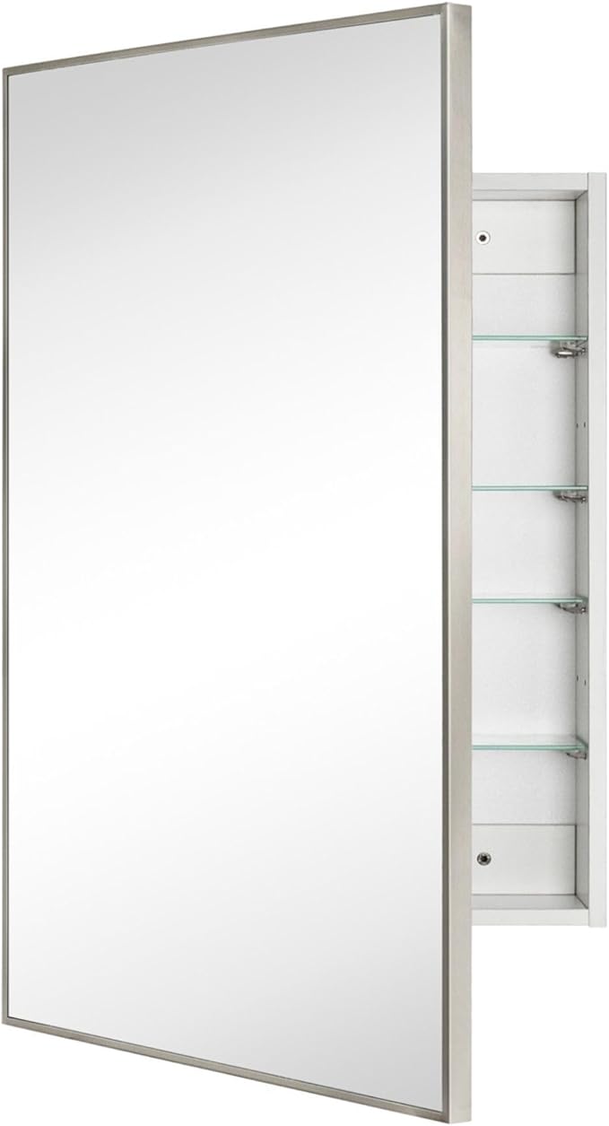TEHOME 24'' x 30'' Brushed Nickel Recessed and Surface Mount Bathroom Nickel Medicine Cabinet with Mirror Square Cornered Metal Framed Rounded Rectangle Medicine Cabinet Mirror