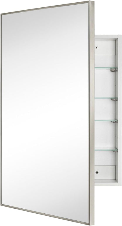 TEHOME 24'' x 30'' Brushed Nickel Recessed and Surface Mount Bathroom Nickel Medicine Cabinet with Mirror Square Cornered Metal Framed Rounded Rectangle Medicine Cabinet Mirror