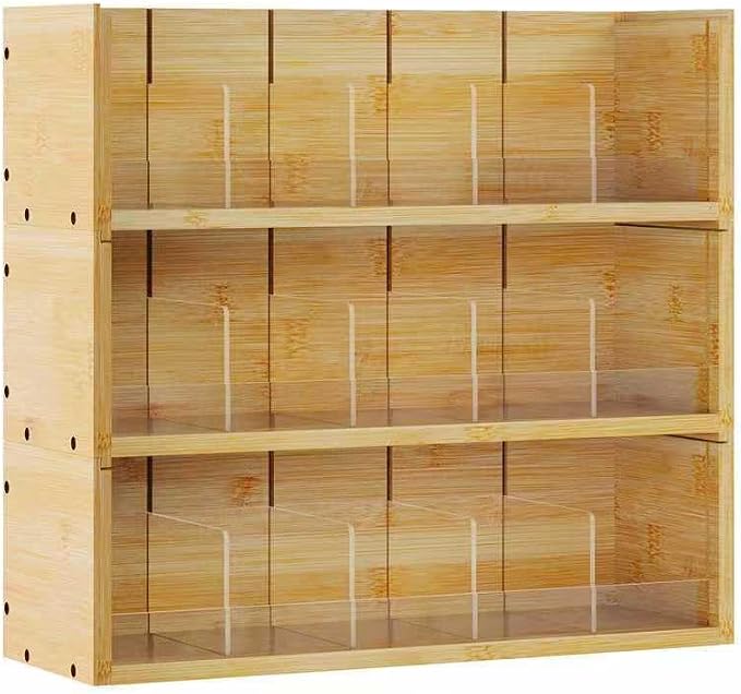 X-cosrack Bamboo Tea Bag Organizer Storage Box, 3 Tier Stackable Tea Bag Box Natural Wood, Wall Mount Tea Chests with Acrylic for tea bags Office Kitchen Cabinet Pantry