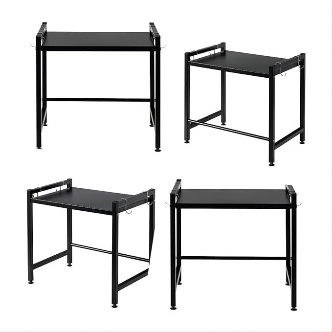 Storage Shelving Unit,2 Tier Microwave Stand with 4 Hooks for Kitchen Garage Pantry Closet Laundry Countertop Organizer (Black),Shelving Unit Bookshelf Utility Shelf,Metal Shelves for Storage.