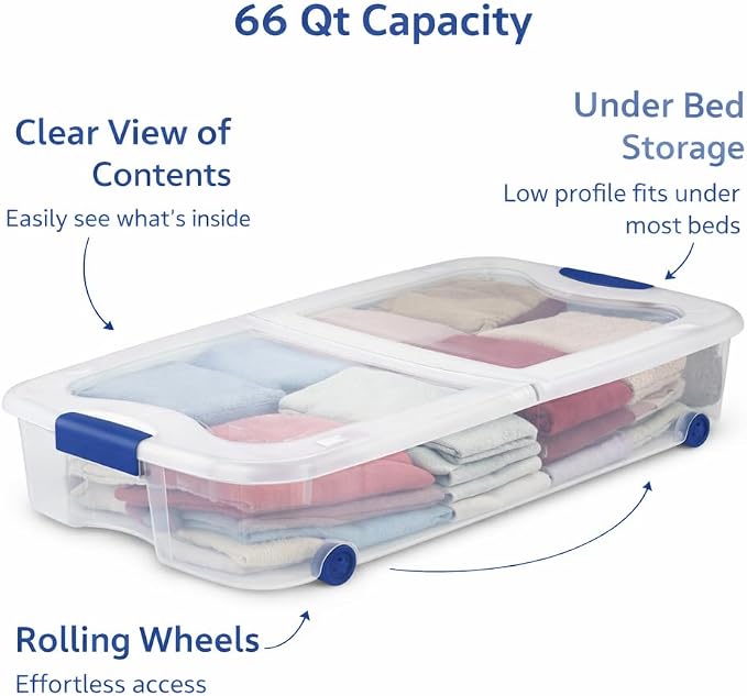 66 Quart Underbed Storage Bin with Wheels & Clear Lid, Under Bed Storage Container for Blankets, 39.5" x 20.25" x 7", Split-Lid Design & Smooth Gliding Wheels