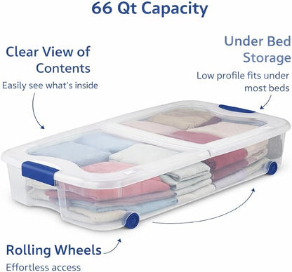 66 Quart Underbed Storage Bin with Wheels & Clear Lid, Under Bed Storage Container for Blankets, 39.5" x 20.25" x 7", Split-Lid Design & Smooth Gliding Wheels