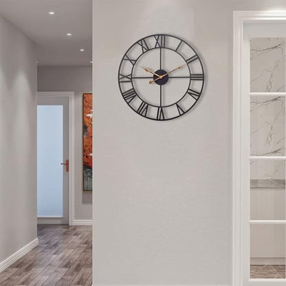 Large Industrial Wall Clock with Roman Numerals, Indoor Silent Non-Ticking Retro Clock, Vintage Metal Decorative Black Metal Art Clock Battery Operated for Home Kitchen Cafe Hotel Office Decor,1