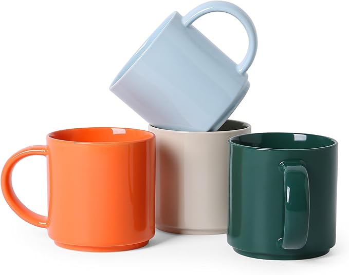 Coffee Mug Set of 4, 16oz Multicolor Ceramic Mugs in Orange, Light Blue, Cream & Green, Modern Coffee Cups, Dishwasher & Microwave Safe, Home & Office Use
