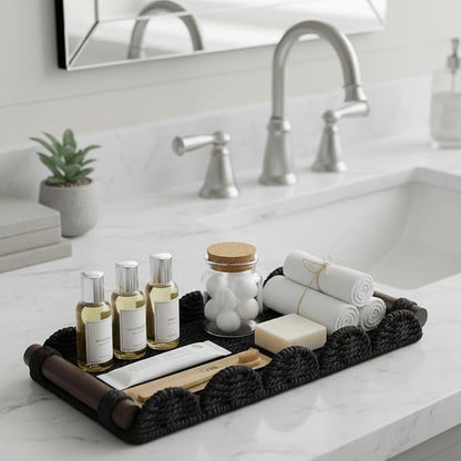 CubesLand Bathroom Toilet Paper Tray Organizer, Scalloped Decorative Tray w/Wood Handle for Counter, Shelves, Wicker Tray for Farmhouse Rustic Home Decor, Coffee Table Decor, Seasonal Decor, Black