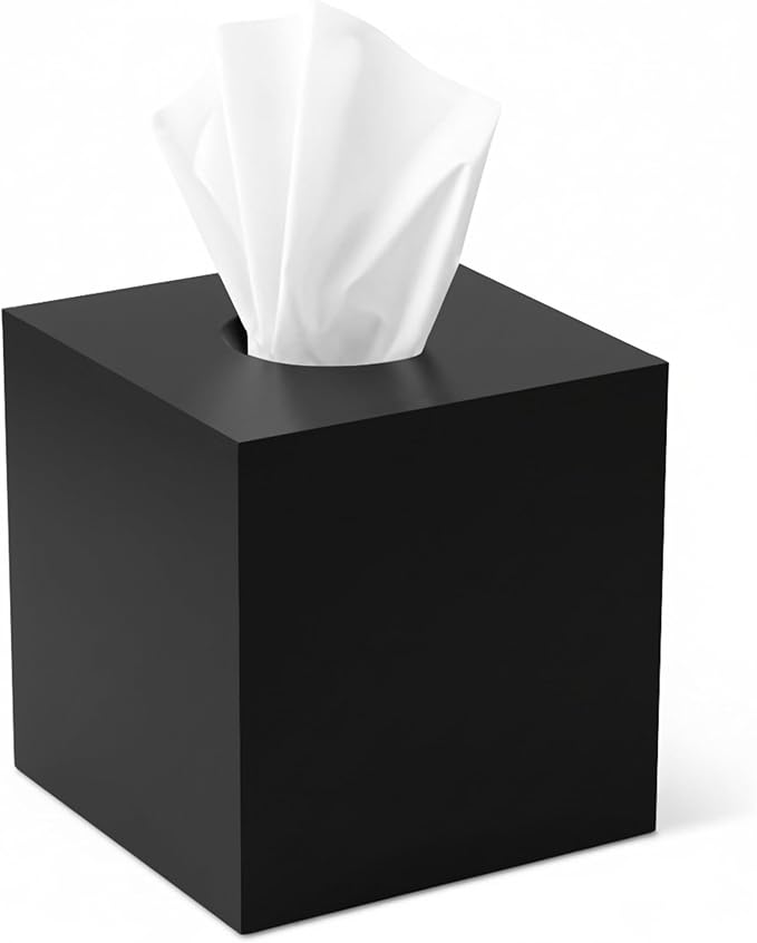 Square Tissue Box Cover | Fits Standard Square Tissue Boxes | Black Tissue Box Holder for Bathroom | Premium Acrylic Tissue Cover | Cube Tissue Holder | 5.3" x 5.3" x 5.5"