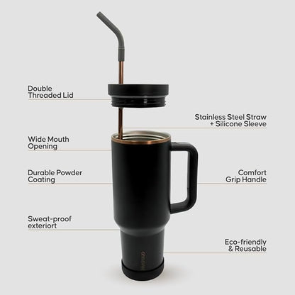 40oz Travel Tumbler Cup with Handle, Two-Way Slider Lid, Stainless Steel Straw with Silicone Tip, Vacuum Insulated Water Bottle for Hot & Cold Drinks, Great Gifts for Mom (Black Gold)