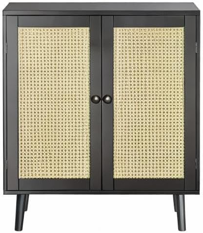 Huuger Buffet Cabinet with Storage, Storage Cabinet with Synthetic Rattan Decor Doors, Solid Wood Feet, for Hallway, Entry, Living Room, Black