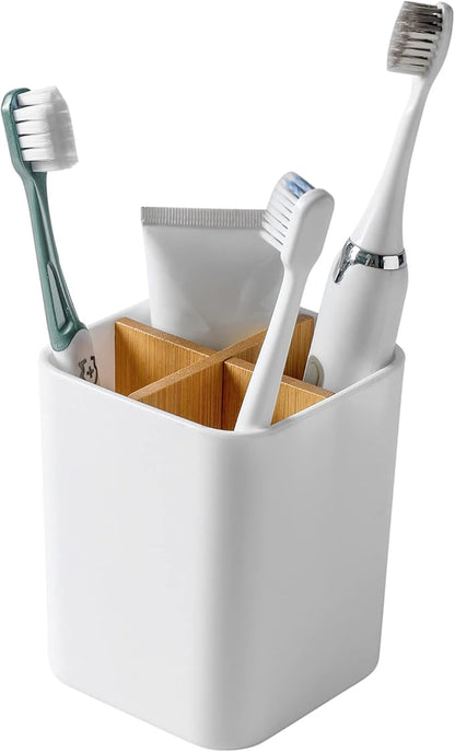Bamboo Toothbrush Holder for Bathrooms, 4 Slots Toothbrush and Toothpaste Holder Bathroom Counter Organizer for Electric Toothbrushes, Floss, Razors - White
