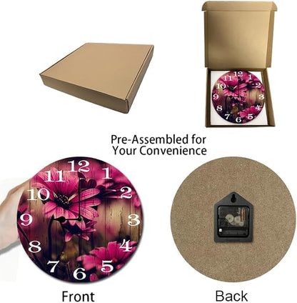 Pink Flowers Wall Clock 10 Inch Silent Non Ticking Battery Operated Wooden Modern Office Simple Minimalist Clock Decorative for Kitchen Home Bathroom Living Room