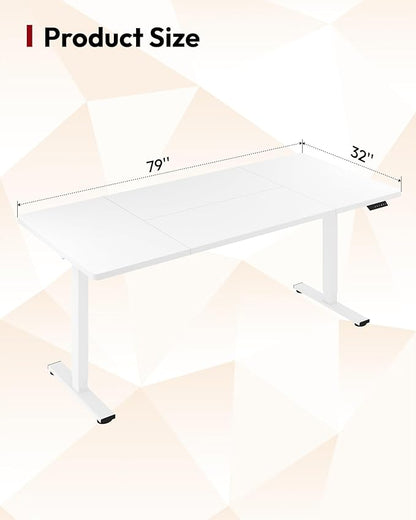 SANODESK Electric Standing Desk 79 x 32 Inches Height Adjustable Stand Up w/6-Button Controller Ergonomic Computer Desk with Splice Board for Home Office, White Frame + White Tabletop