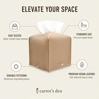 Tissue Box Cover Holder, Square with Bottom Belt by Carrot's Den - PU Leather Decorative Organizer for Tabletop, Bathroom, Car, Office | Beige