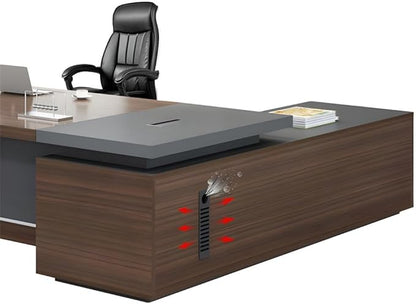 NIUYAO L-Shape Executive Computer Desk with Drawers - Brown/Grey Modern Writing Table with Storage Shelves - 94.5" L x 71" W x 29.5" H (Right)