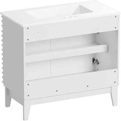 ROOMTEC 36" Bathroom Vanity with Sink, Mid-Century Freestanding Bathroom Vanity Sink with Storage, Undermount Ceramic Sink, Particleboard Frame with Wood Grain Laminate, White