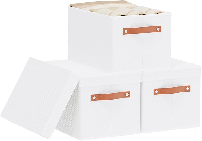 YheenLf Fabric Storage Bins with Lids, 15 x 9.8 x 8.3 Inch Storage Boxes for Shelves Wardrobe Bedroom, Closet Organizers with Handles, White, 3-Pack