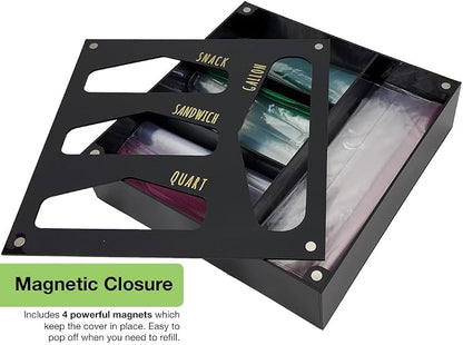 OnDisplay Luxe Acrylic Kitchen Drawer Zip Food Storage Bag Organizer - Food Baggie Holder for Snack/Sandwich/Quart/Gallon Sizes - Compatible with Ziploc, Hefty & Glad (Black)