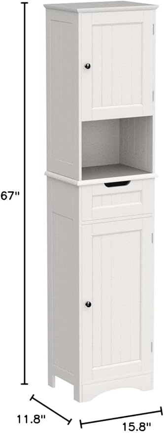 Gizoon 67" H Tall Bathroom Storage Cabinet, Narrow Storage Cabinet with 2 Doors & Drawer, Towel Cabinet with Freestanding Adjustable Shelves for Small Spaces, Kitchen, Living Room, Anti-Tipping, White
