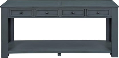 Knocbel Console Table with 4 Storage Drawers Bottom Shelf, Rustic Distressed Sofa Table for Entryway Hallway, Assembly Required, 63" W x 14" D x 30" H, Navy