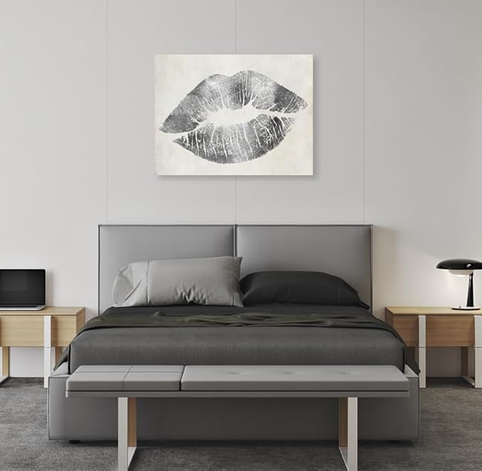 Lip Wall Decor Silver Lip Canvas Wall Art Gray and White Wall Picture Framed for Bedroom Bathroom Makeup Room Wall Decoration 32x24Inch