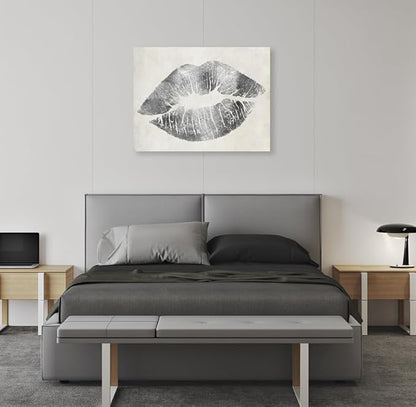 Lip Wall Decor Silver Lip Canvas Wall Art Gray and White Wall Picture Framed for Bedroom Bathroom Makeup Room Wall Decoration 32x24Inch