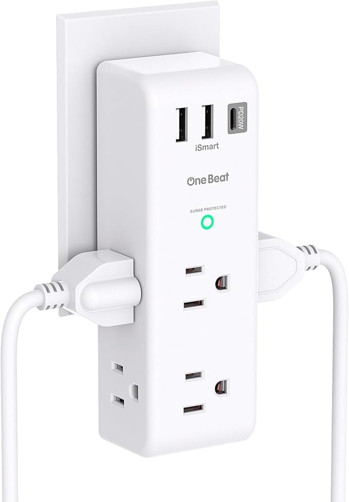 Surge Protector Outlet Extender with Rotating Plug, PD 20W, One Beat 6 AC Multi Plug Outlet with 3 USB Ports (1 USB C), 1800 Joules, 3-Sided Swivel Power Strip with Spaced Outlet Splitter for Office