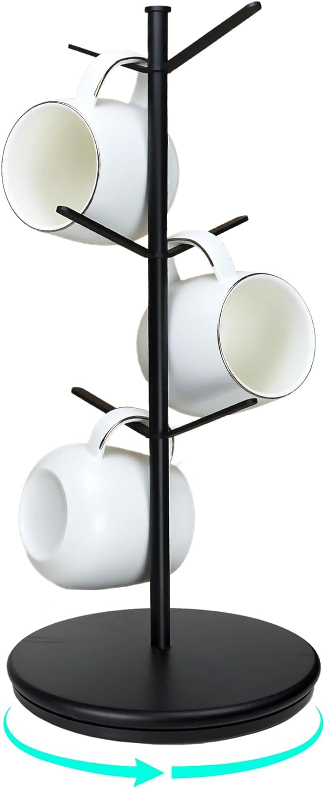 360° Rotating Mug Tree, 6 Hooks Upgraded Stable Metal Mug Holder, Bamboo Base Coffee Mug Cup Rack for Counter Top, Mug Display, Home Storage and Cup Organizer, Black