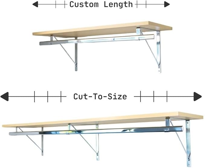 Custom Cut-to-Size Premium Wall-Mounted Shelf with Rod and Bracket Kit. 3/4" Thick Shelves, 14 inches deep. Customize The Length from 16" up to 72".