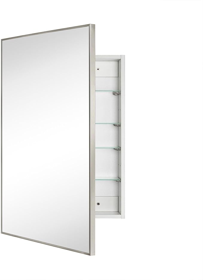 TEHOME 20'' x 30'' Brushed Nickel Recessed and Surface Mount Bathroom Medicine Cabinet with Mirror Square Cornered Metal Framed Rounded Rectangle Medicine Cabinet Mirror