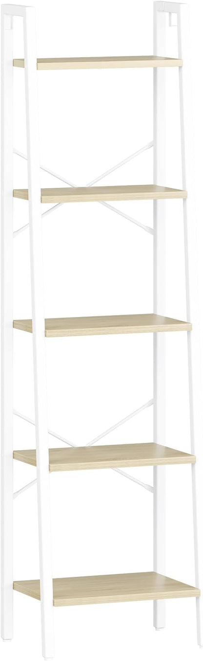 Ladder Shelf, Bookshelf Bookcase, Freestanding Corner Storage Shelve with 2 Hooks for Home Office, Living Room, Kitchen, Bedroom, Industrial, 11.8" D x 17.3" W x 63" H, White Oak and White