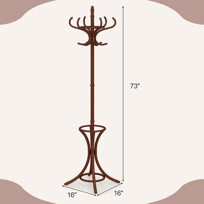 Giantex Solid Wood Coat Rack, Freestanding Hanger Stand w/12 Hooks, Umbrella Holder, Entryway Hall Tree for Coat, Hats, Scarves, Bags, Wooden Garment Rack for Bedroom, Hallway (Reddish Brown)