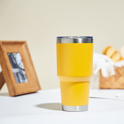 MEWAY 30oz Insulated Tumbler With Lids and Straws,Stainless Steel Double Vacuum Coffee Tumbler Cup, Brush, Durable Powder Coated Coffee Cup for Cold & Hot Drinks, Office, Travel(Yellow,4 PACK)