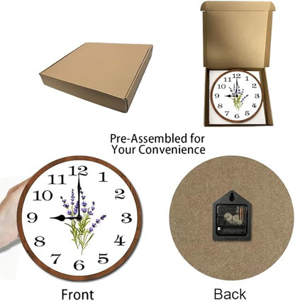 Lavender Wall Clock 10 Inch Silent Non Ticking Battery Operated Wooden Modern Office Simple Minimalist Clock Decorative for Kitchen Home Bathroom Living Room