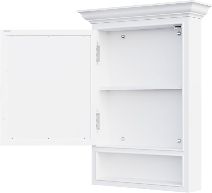 WELLFOR 24"x 32" Wall Mounted Wood Medicine Cabinet with Mirrors for Bathroom, 3-Tier Shelves and External Storage, Solid Wood Medicine Cabinet with Mirror, Anti-Fog Glass Mirror Cabinet