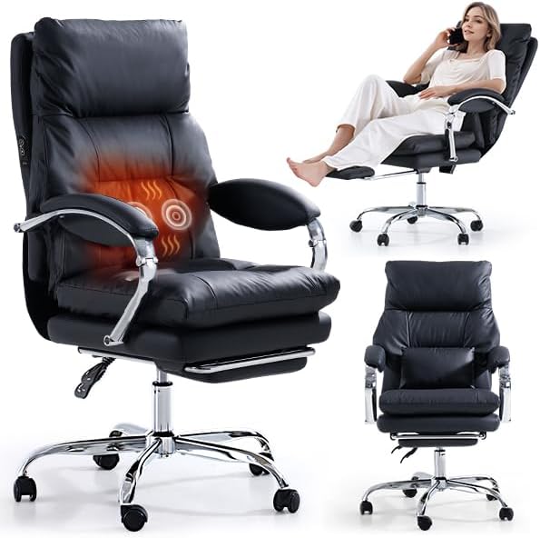 LEAGOO Heated Massage Office Chair with Foot Rest, Reclining Ergonomic Executive Office Chair with Massager for Lower Back, High Back PU Leather Comfy Heated Computer Desk Chair with Arms, Black