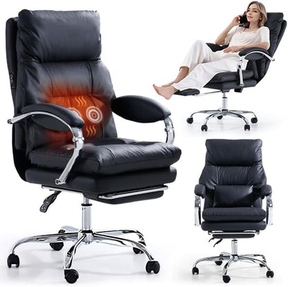 LEAGOO Heated Massage Office Chair with Foot Rest, Reclining Ergonomic Executive Office Chair with Massager for Lower Back, High Back PU Leather Comfy Heated Computer Desk Chair with Arms, Black