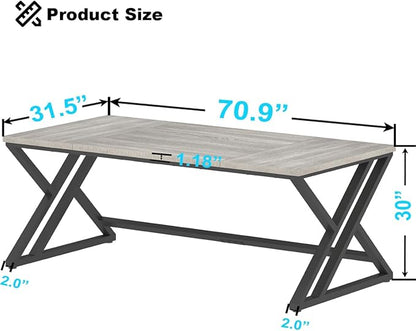 LVB 70.8" Long Office Desk, Modern Large Wood Metal Computer Desk, Industrial Double Workstation Desks for Two People, Rustic PC Executive Work Study Writing Computer Table for Home, Light Grey Oak