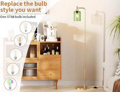 Floor Lamps for Living Room - Industrial Standing Lamp with Green Glass Shade, Modern Gold Floor Lamp with LED Bulbs, Farmhouse Floor Lamp for Bedroom, Tall Lamp for Office