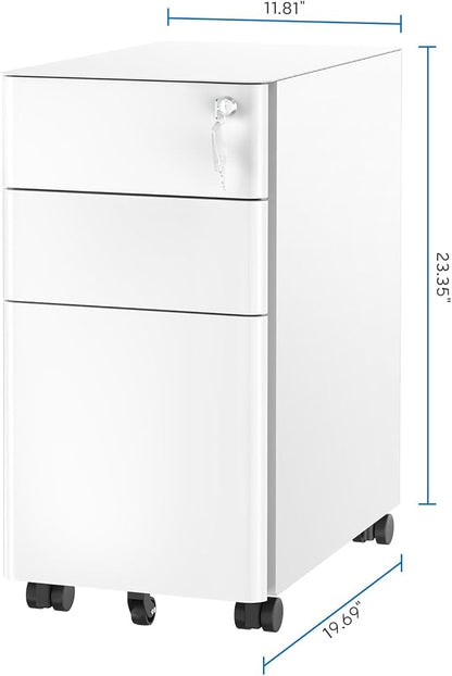 Mount-It! Slim Rolling File Cabinet, Under Desk Mobile Filing Cabinet with 3 Drawers and Lock, Steel Storage for Home Office and Small Business, White