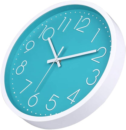 jomparis 12 Inch Silent Non-Ticking Battery Operated Round Turquoise Wall Clock Easy to Read for Pool/Home/Office/School/Kitchen/Bedroom/Living Room Teal Clocks