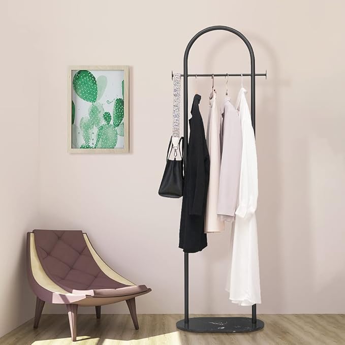 Clothing Rack Marble Base Metal Modern Coat Rack Stand Clothes Rack Stand for Bedroom Standing Garment Rack Heavy Duty Coat Hanger Rack Stand for Bag, Hat, Scarf, Jacket Black