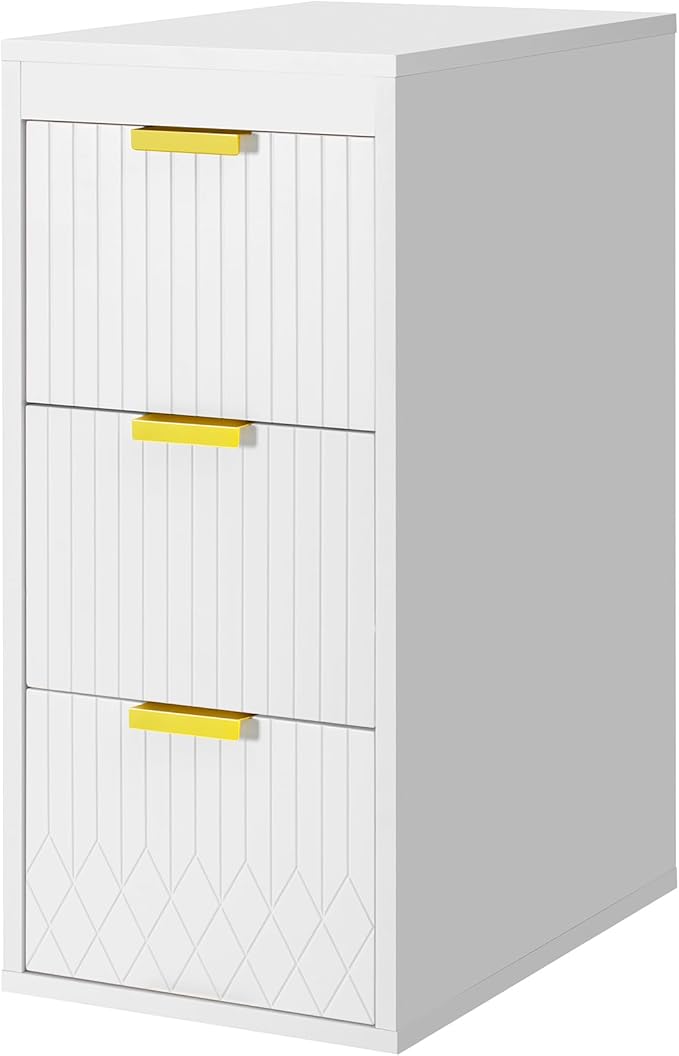 12 Inch Floating Bathroom Side Cabinet, Wall Mounted Bathroom Storage Cabinet with 3 Drawers, Modern Slim Organizer with Decor Line, Gold Metal Pulls