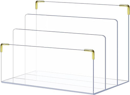 pbf Acrylic File Holder | Clear File Organizer for Desk w/ Gold Accents | Acrylic Desk Organizer, Folder Holder, Mail Sorter, File Stand, Magazine Divider, Laptop, Notebook, & Letter Organizer